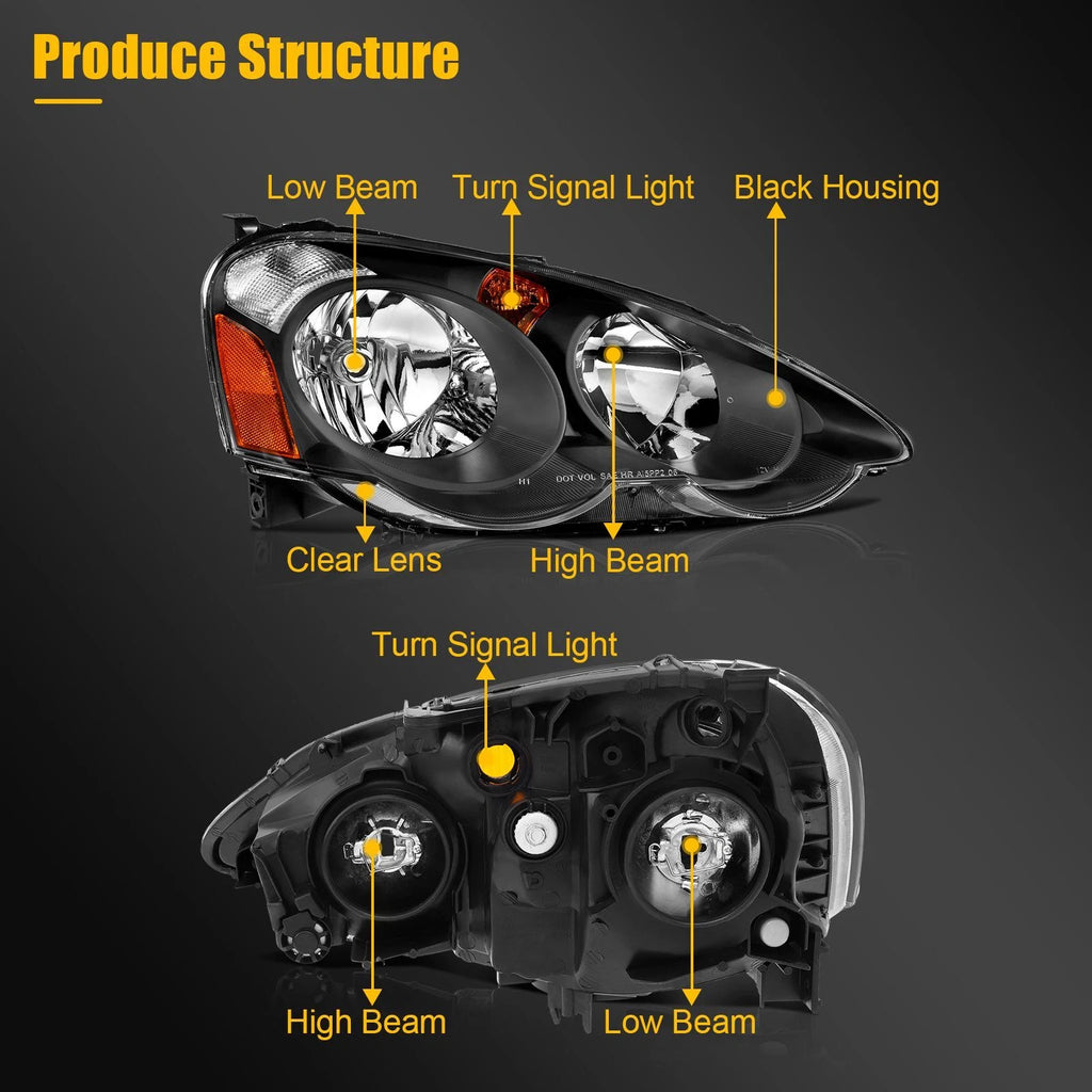 Headlight Assembly for Acura RSX (2002–2004) Black Amber Left & Right