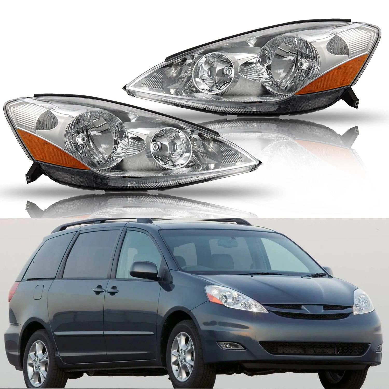 Set of 2 Headlight Assemblies for Toyota Sienna (2006–2010) Chrome Amber