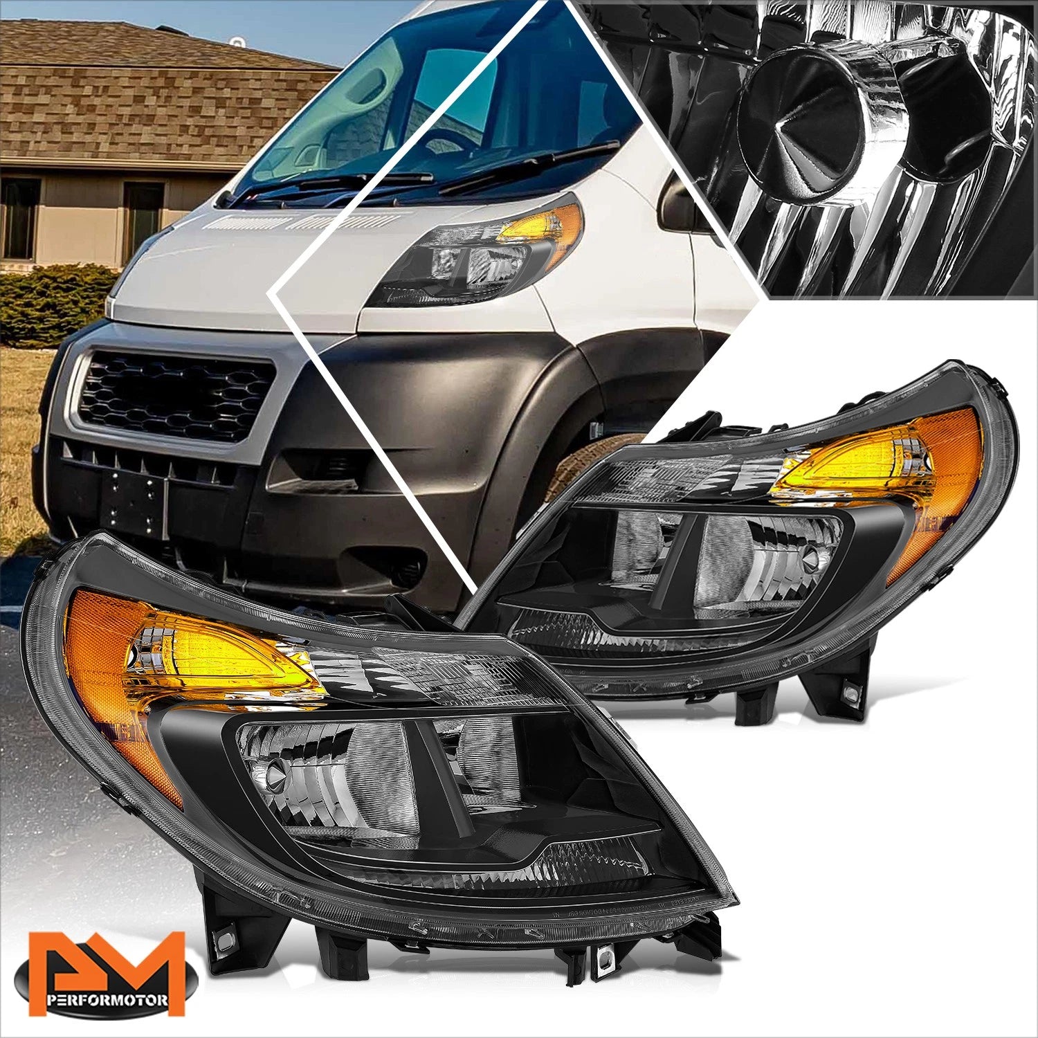 Set of 2 Black Housing Amber Side Headlights for Ram Promaster 1500 2500 3500 (2014–2022)