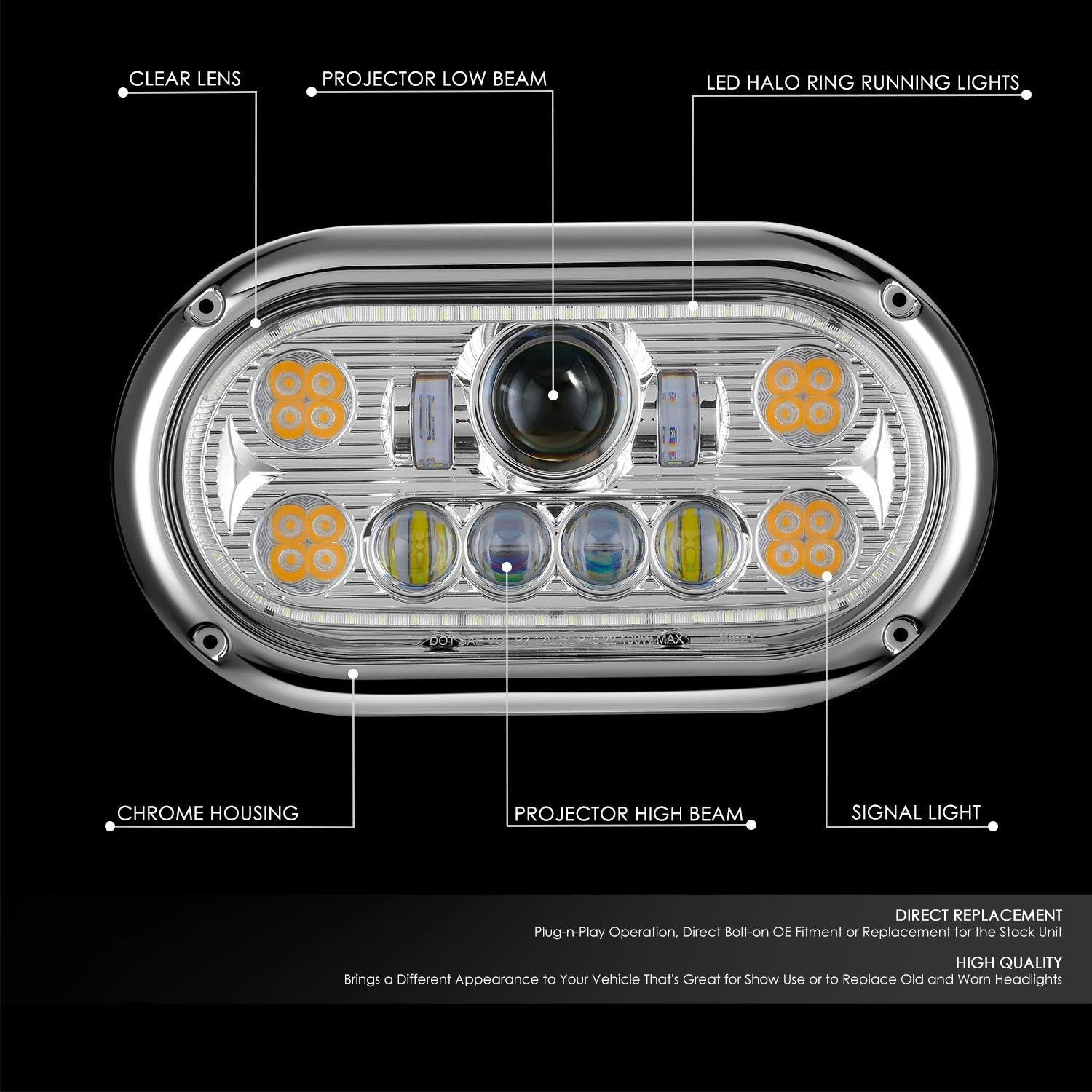 Chrome Steel Halo Ring LED Dual Projector Headlight for Peterbilt 359 (1967–1987)