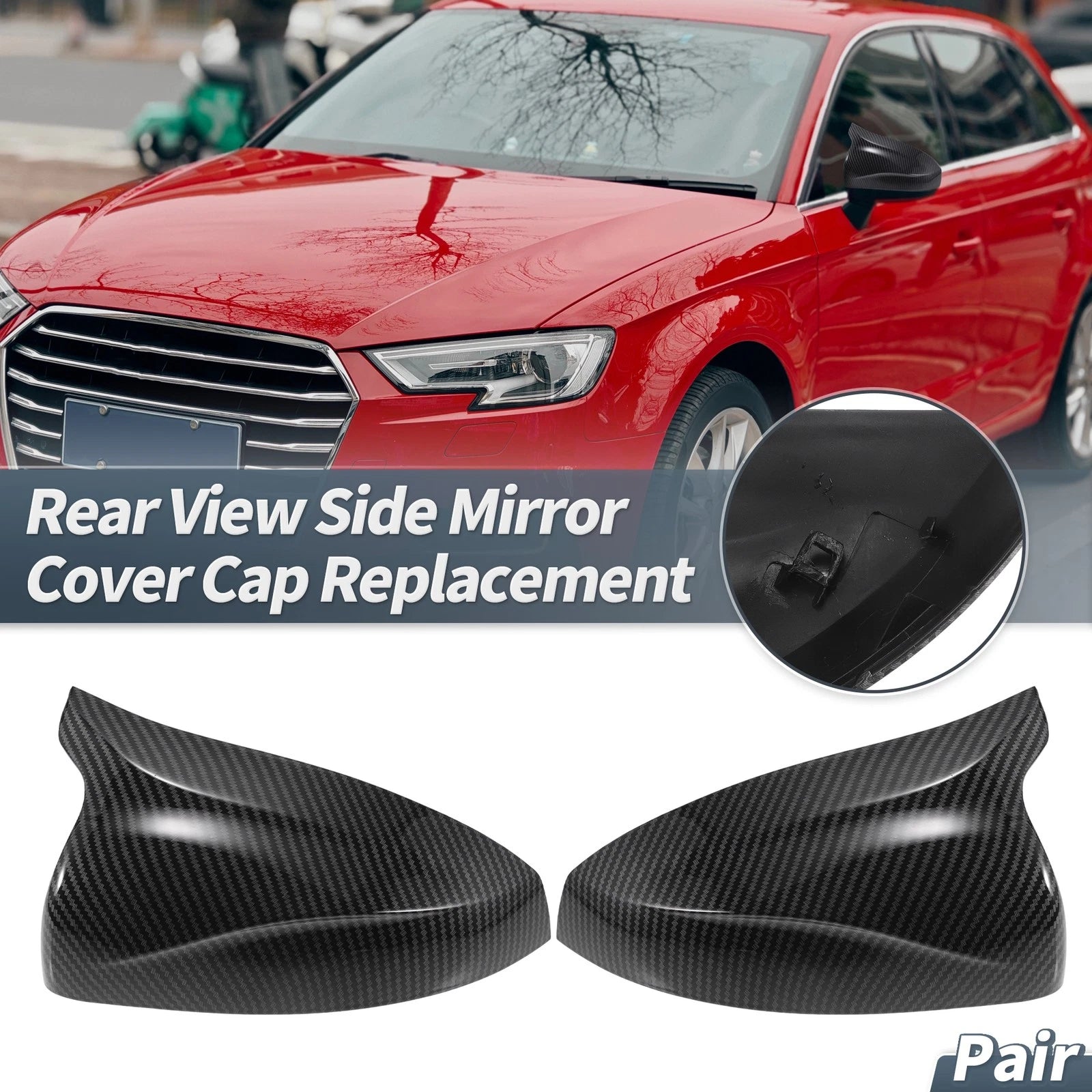 Pair Rearview Mirror Cover Cap Black Carbon Fiber for Audi RS3 A3 S3 (2015–2018)