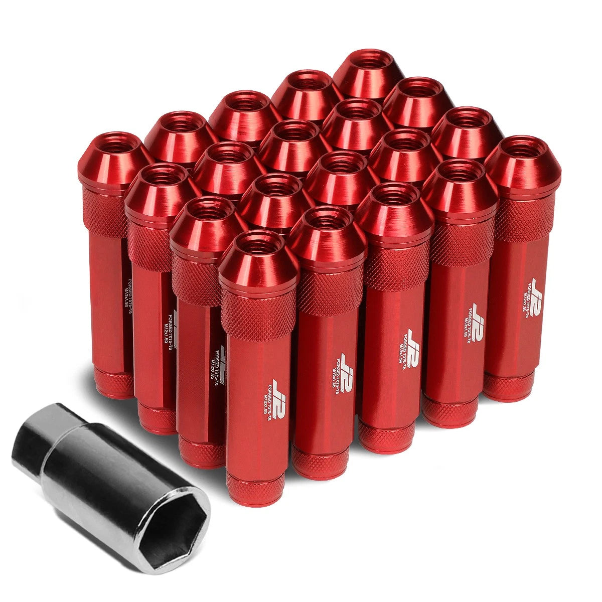 Set of 20 J2 7075 Forged Aluminum M12x1.5 Open-End Lug Nuts w/Adapter Red