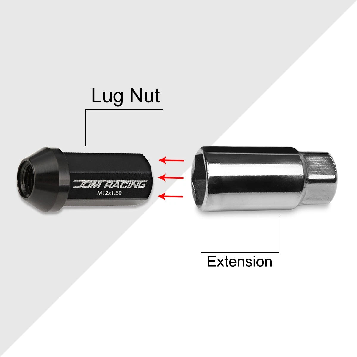 20Pc M12X1.5 Black JDM Closed End Aluminum Wheel Lug Nuts + Extension 25mmx50mm