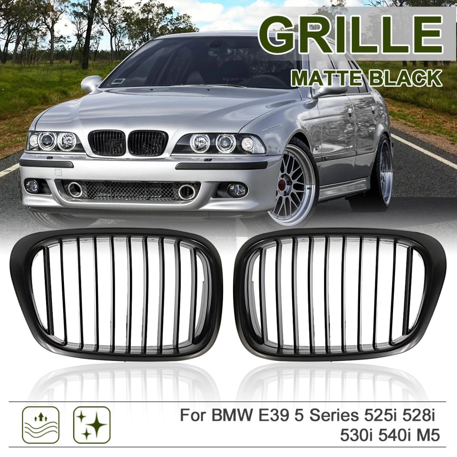 Front Upper Hood Kidney Grille Matte Black for BMW E39 525i 528i 540i M5 (1996–2003)
