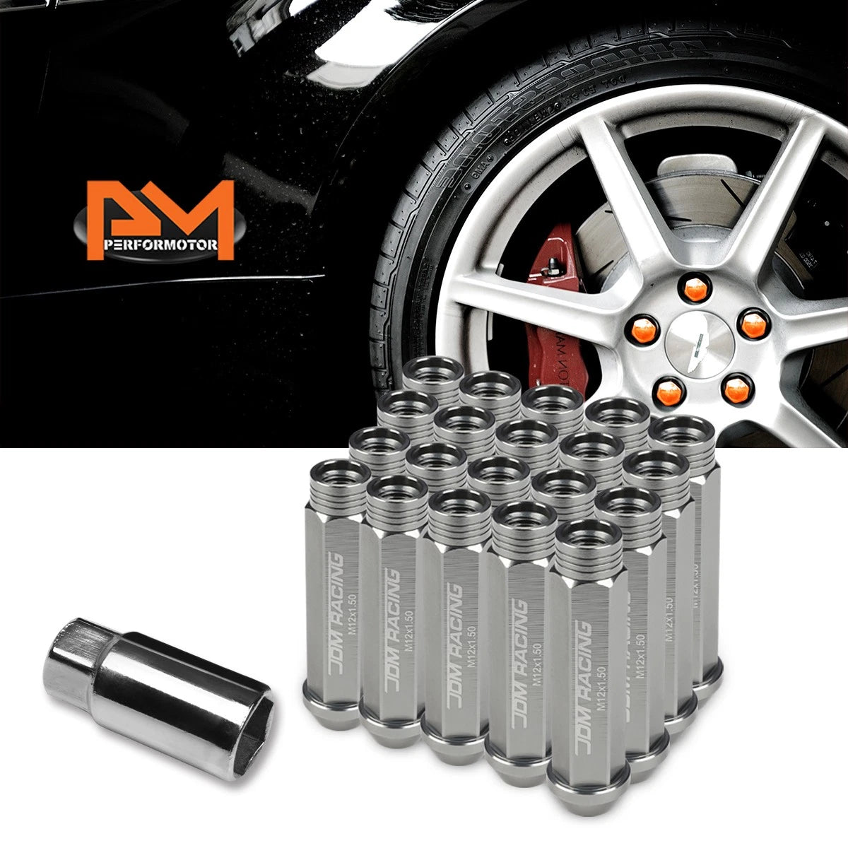 Set of 20 JDM M12X1.5 25mm OD 90mm Tall Gun Metal Open-End Lug Nuts + Key
