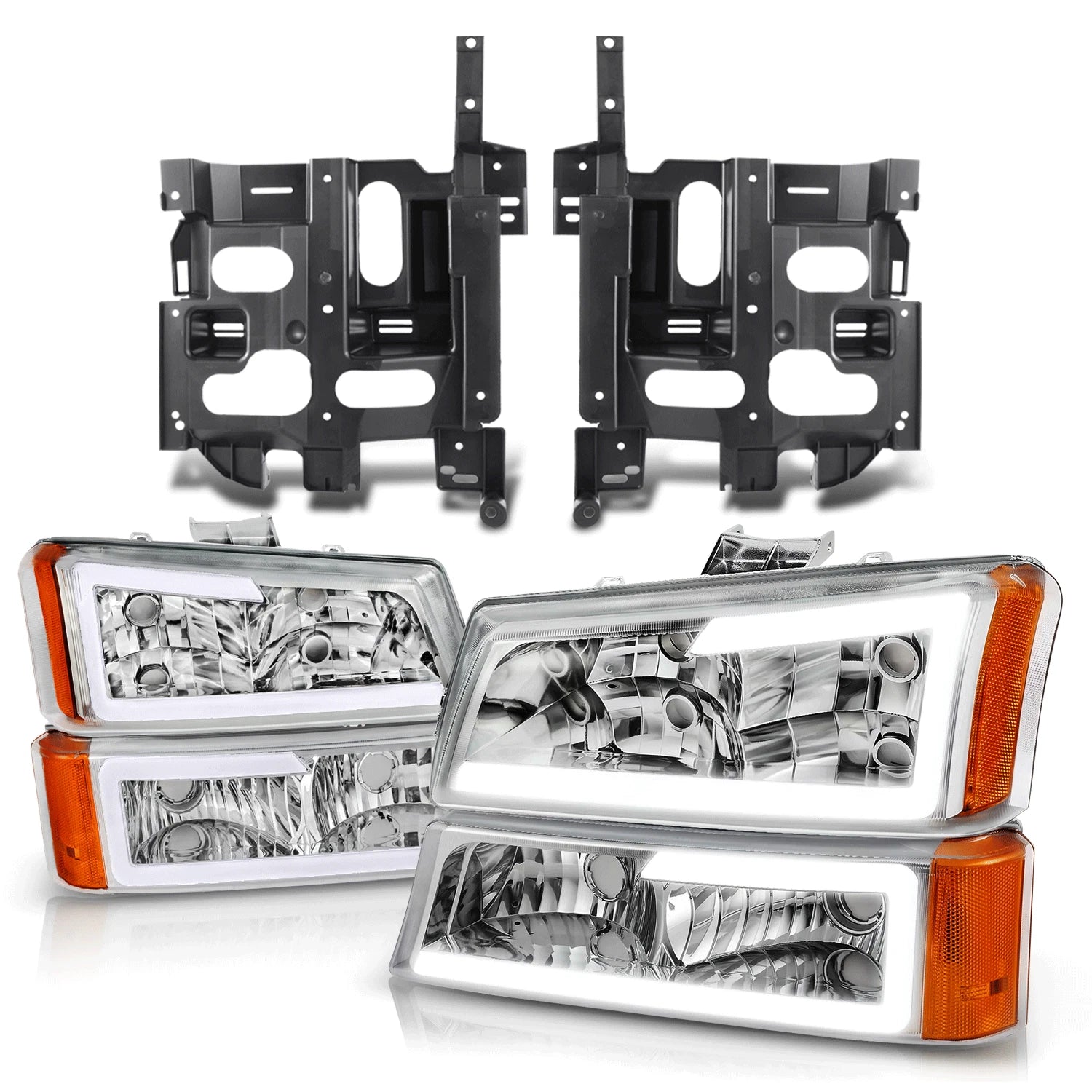 Chrome Amber LED DRL Headlights + Mounting Brackets for Avalanche Silverado (2003–2007)