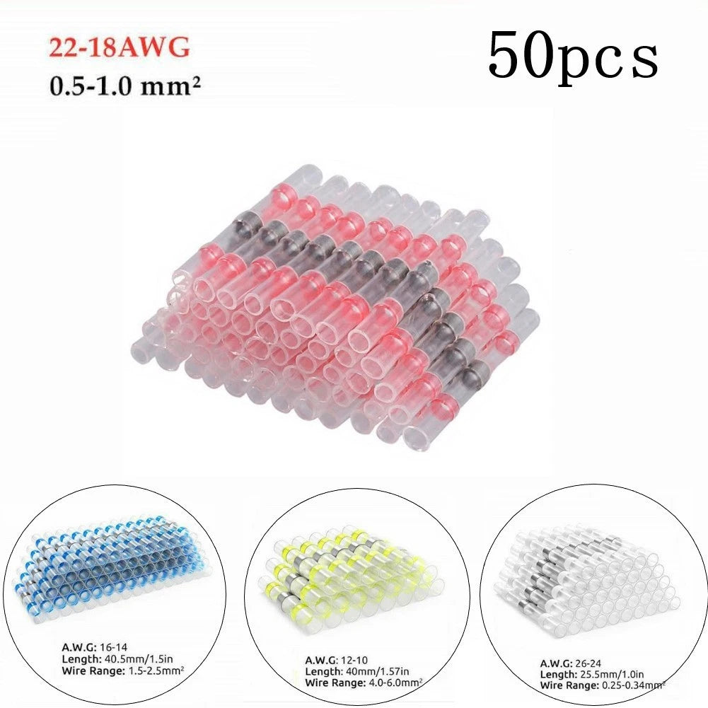 50Pcs Waterproof Heat Shrink Sleeve Wire Butt Terminals Connectors