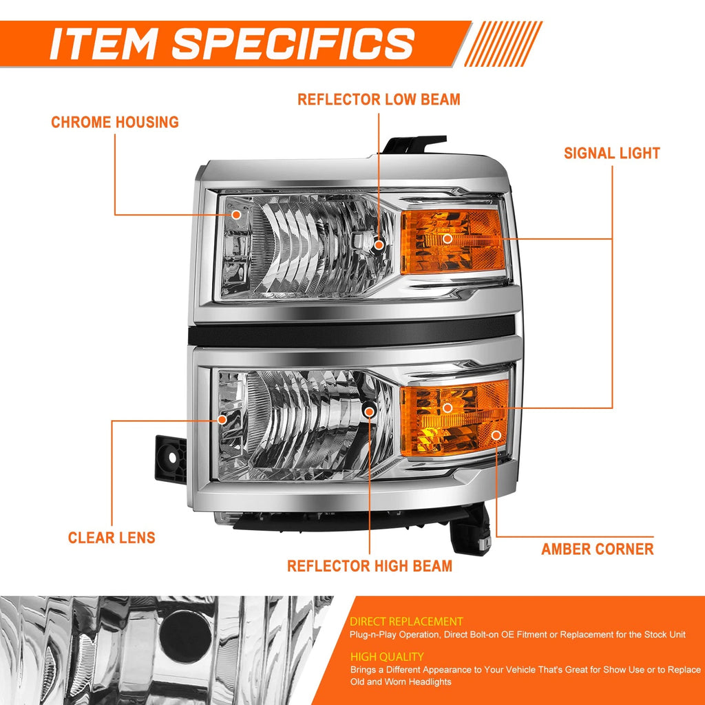 Headlight Lamp Replacement for Chevy Silverado (2014–2015) Chrome Housing