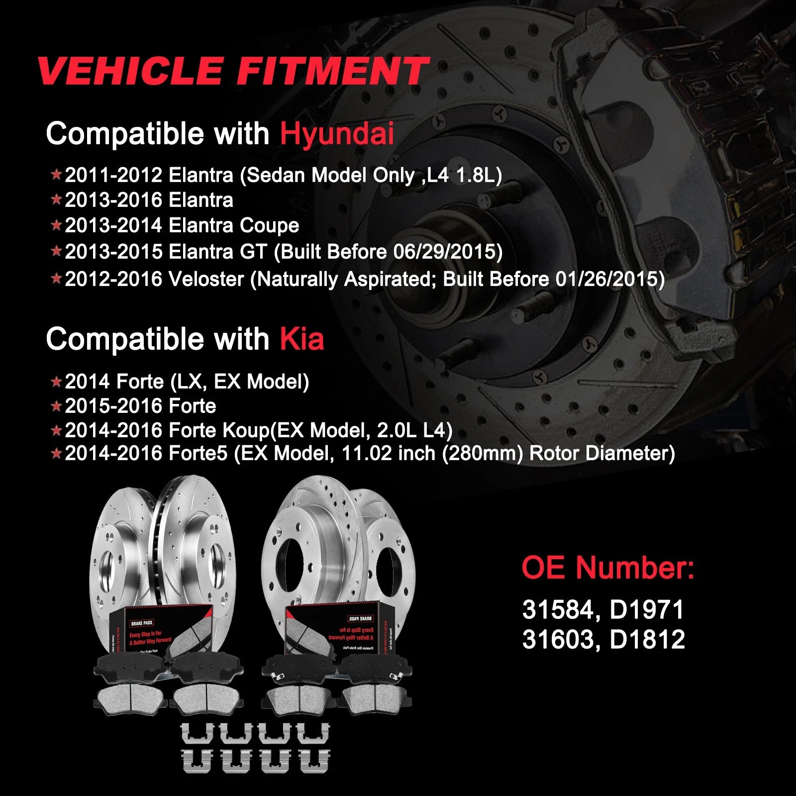 Front & Rear Drilled Rotors & Ceramic Pads Kit for Hyundai Elantra (2011–2016)