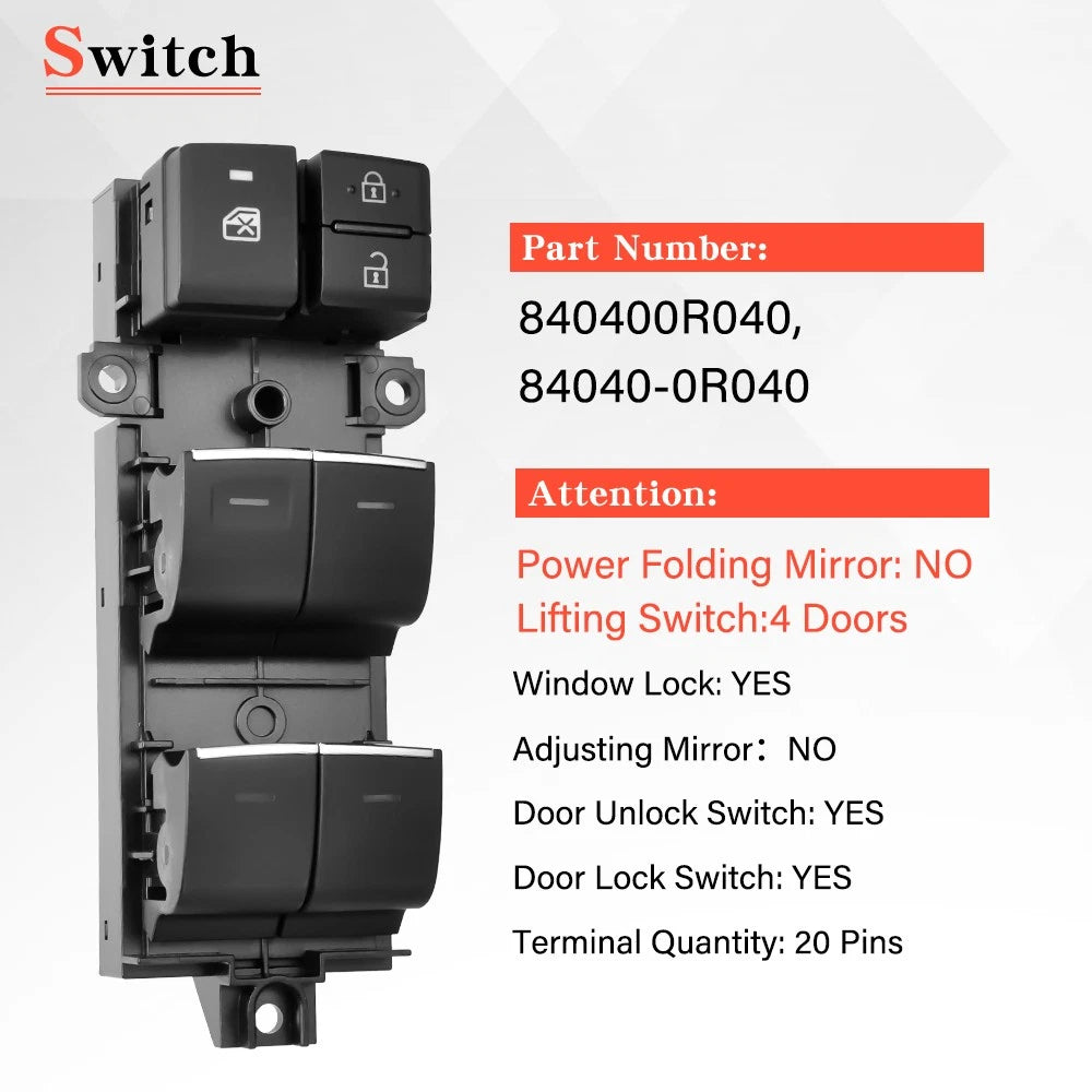 Driver Master Window Switch for Toyota Corolla Sedan (2020–2022) 840400R040