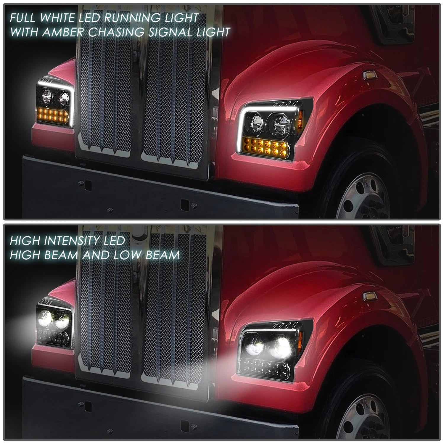 LED DRL Sequential Turn Signal Headlights for Kenworth W990 (2019–2022)