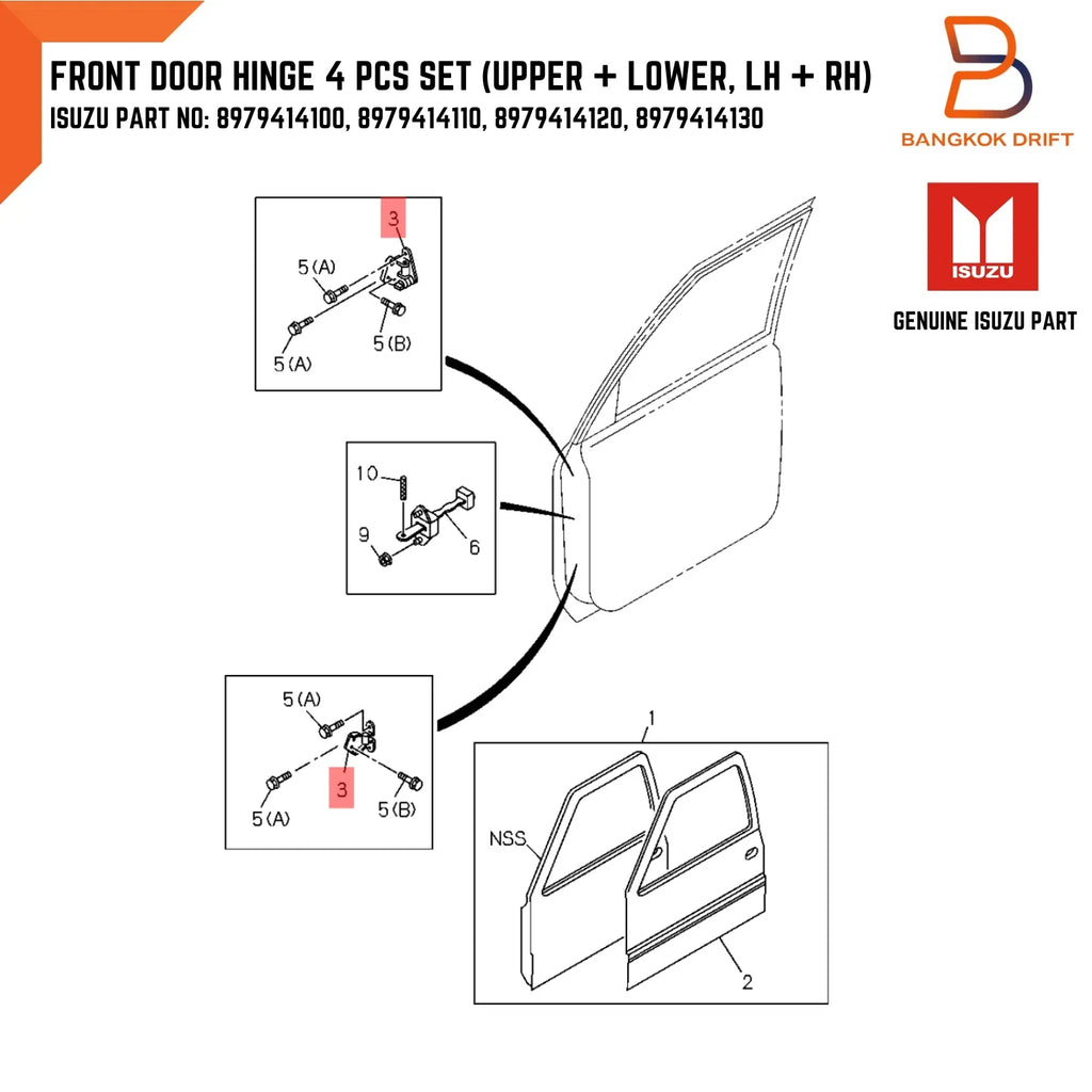 4 PC Front Door Hinges for Isuzu Holden Rodeo Ute (7/88-2/03)