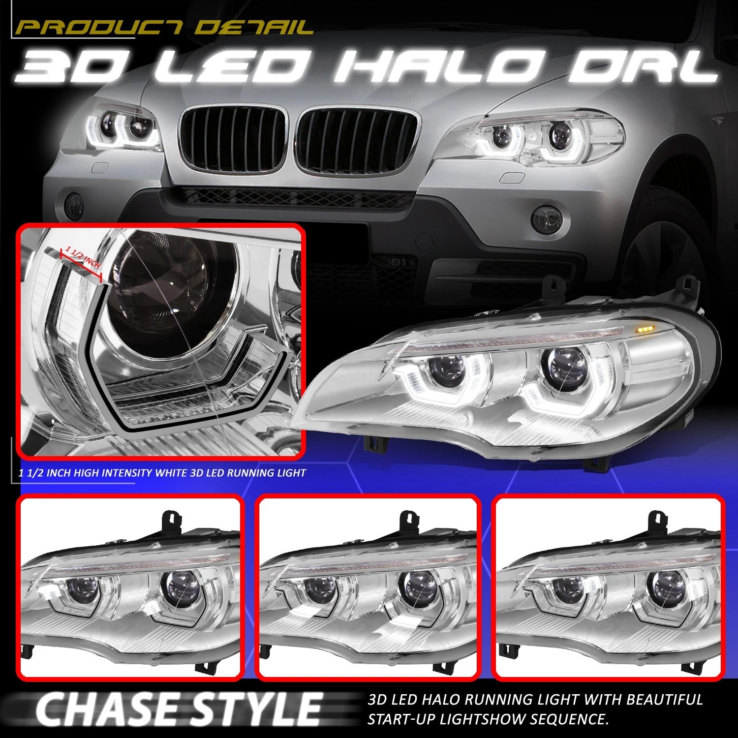 AFS LED Projector Sequential Headlights for BMW X5 (2007–2010) - Chrome/Clear