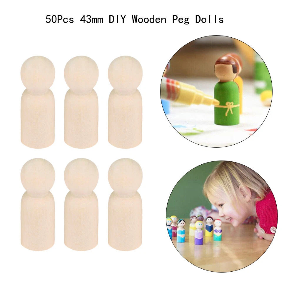 50Pcs Wooden Unpainted Peg Dolls DIY Craft Toy for Kids