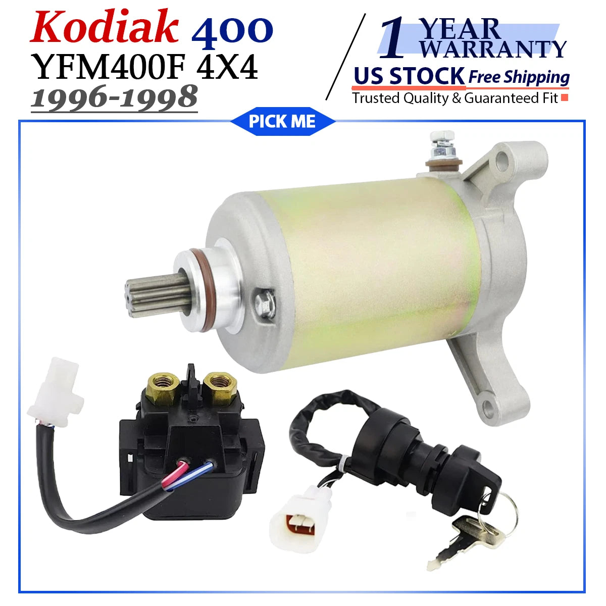 Starter for Yamaha Kodiak 400 4x4 YFM400F (1996–1998) with Relay & Ignition Switch