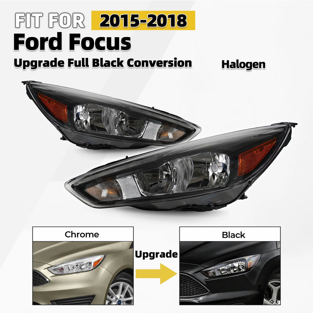 Set of 2 Upgrade Black Conversion Halogen Headlights for Ford Focus (2015–2018)