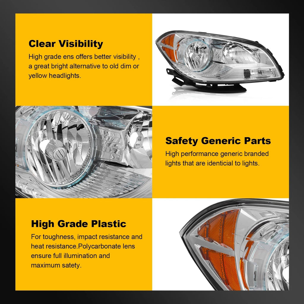 Set of 2 Headlight Assembly for Chevrolet Malibu (2008–2012) Chrome Amber
