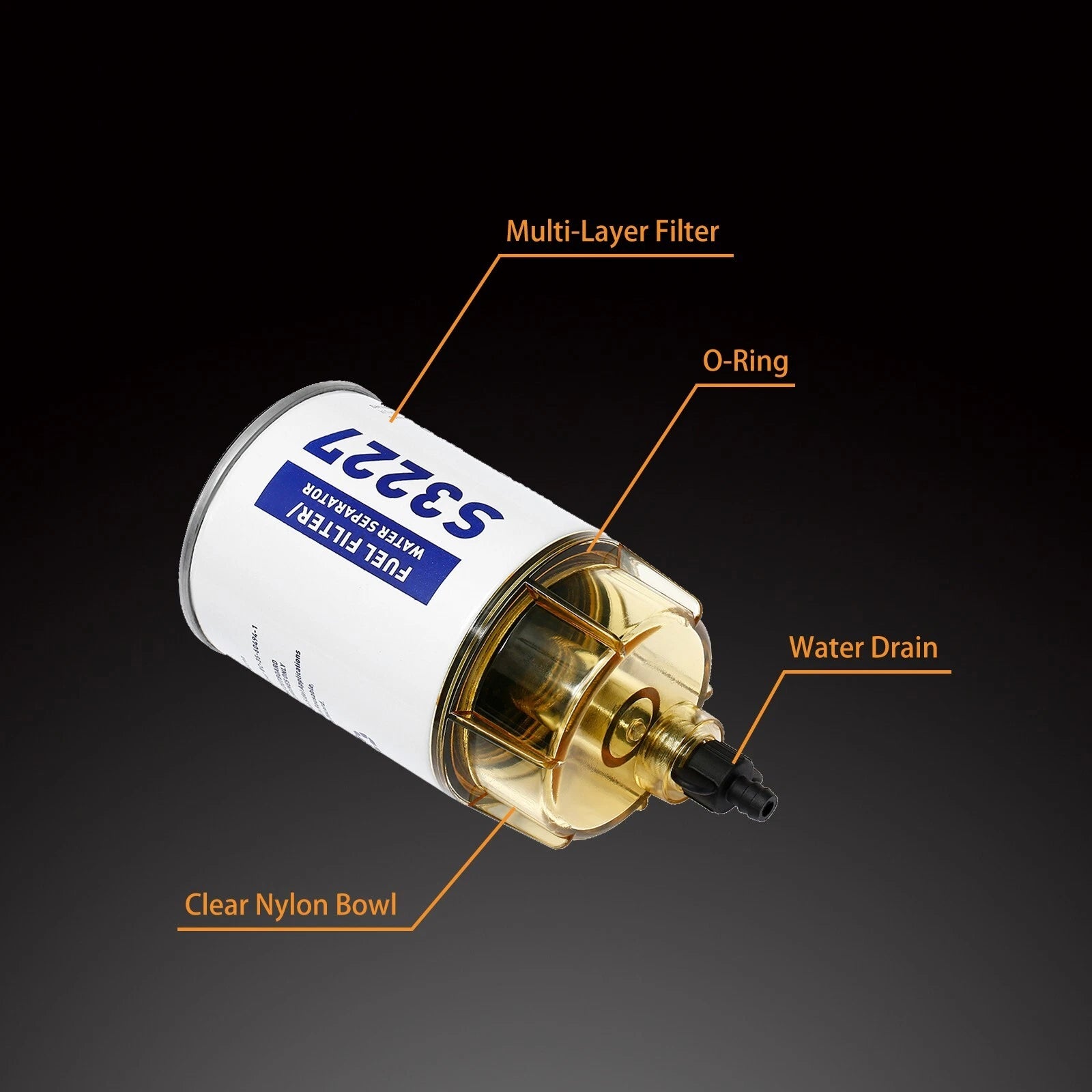 S3227 Fuel Water Separator Filter w/ Clear Bowl for Marine Outboard