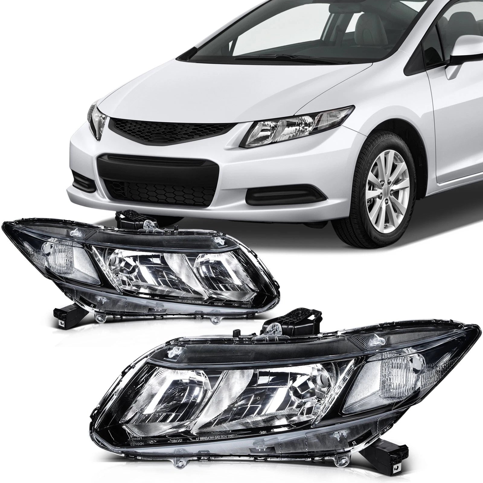 Set of 2 Black Headlights Assembly for Honda Civic (2012–2015)