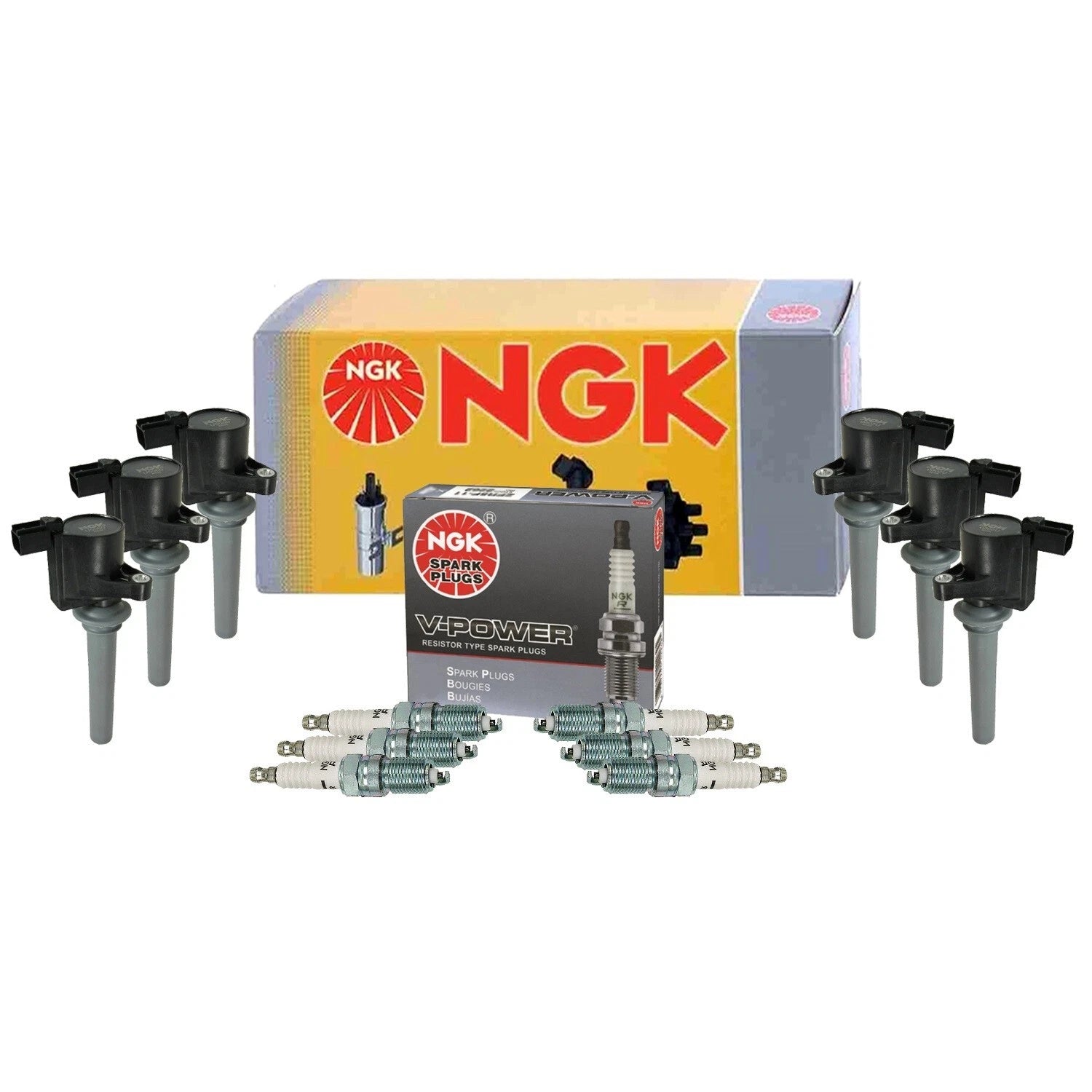 Set of 6 NGK Ignition Coils & V-Power Spark Plugs for Ford Mazda 6 (2003–2008)