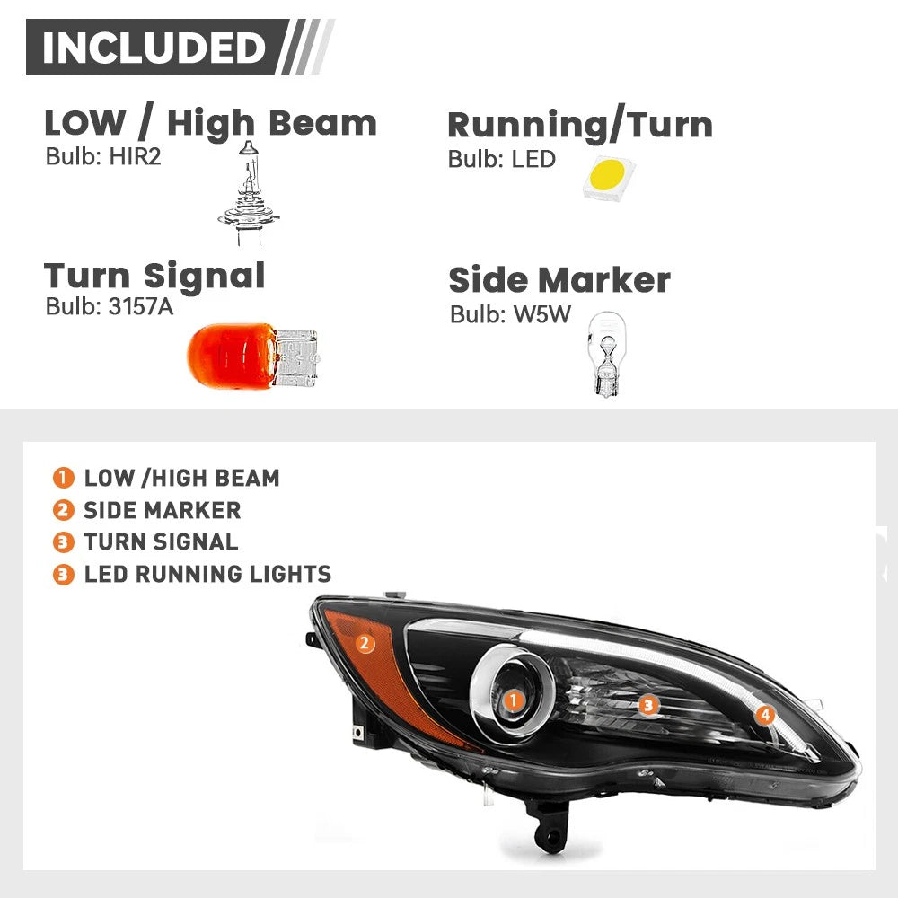 Pair Halogen Headlights for Chrysler 200 (2011–2014) with LED DRL Black