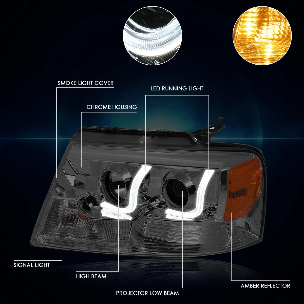 Dual LED DRL Projector Headlights for Ford F150/Mark LT (2004–2008)