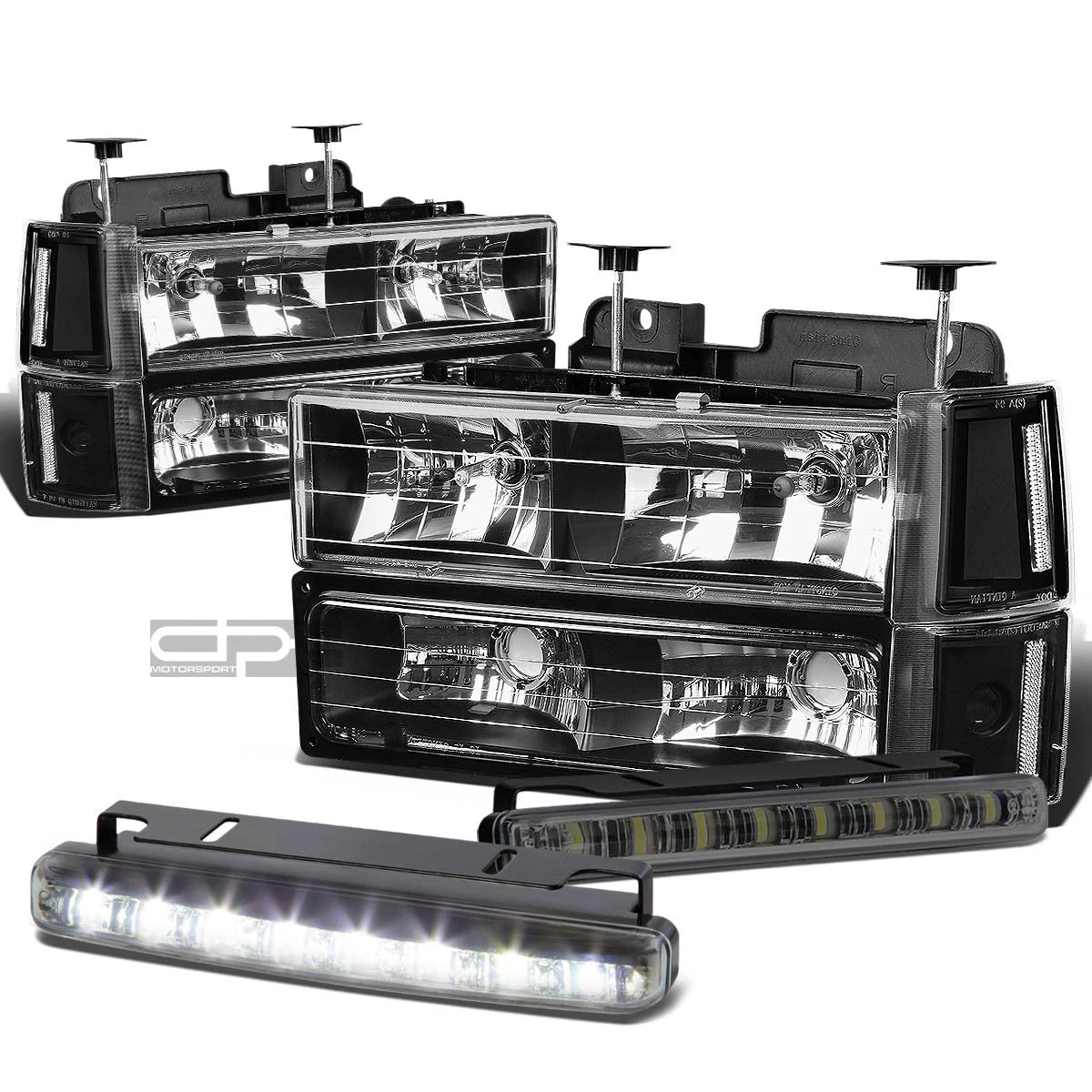 Set of 4 Black Housing Headlight, Bumper, Clear Corner, LED Fog Light for GMC C/K (1994–2000)
