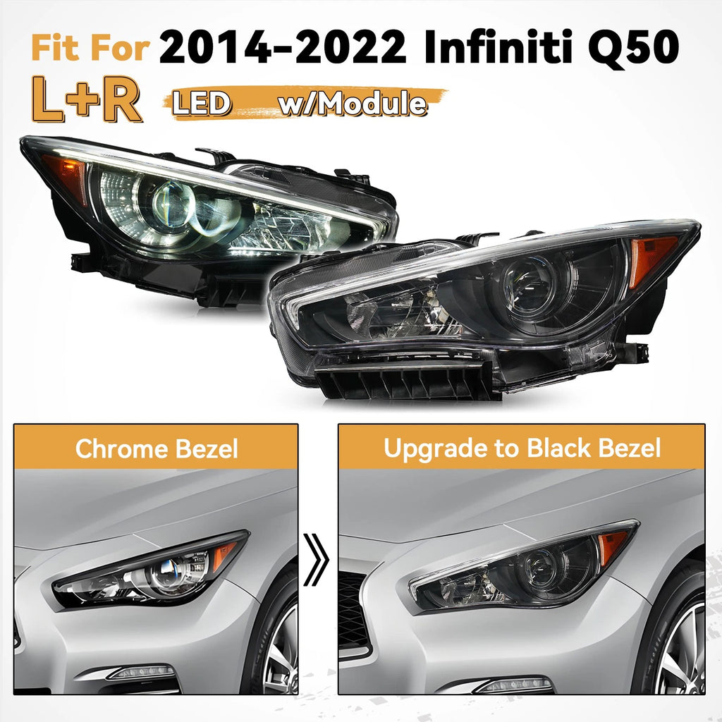 Set of 2 Chrome LED Headlights for Infiniti Q50 (2014–2022) w/o AFS