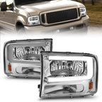 Chrome Clear Lens Headlight Set w/Light Bar for 99-04 Ford F-250 SD w/Halogen