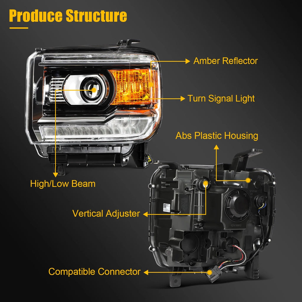 Left Side Headlight for GMC Sierra 1500 2500HD 3500HD (2014–2019) Projector
