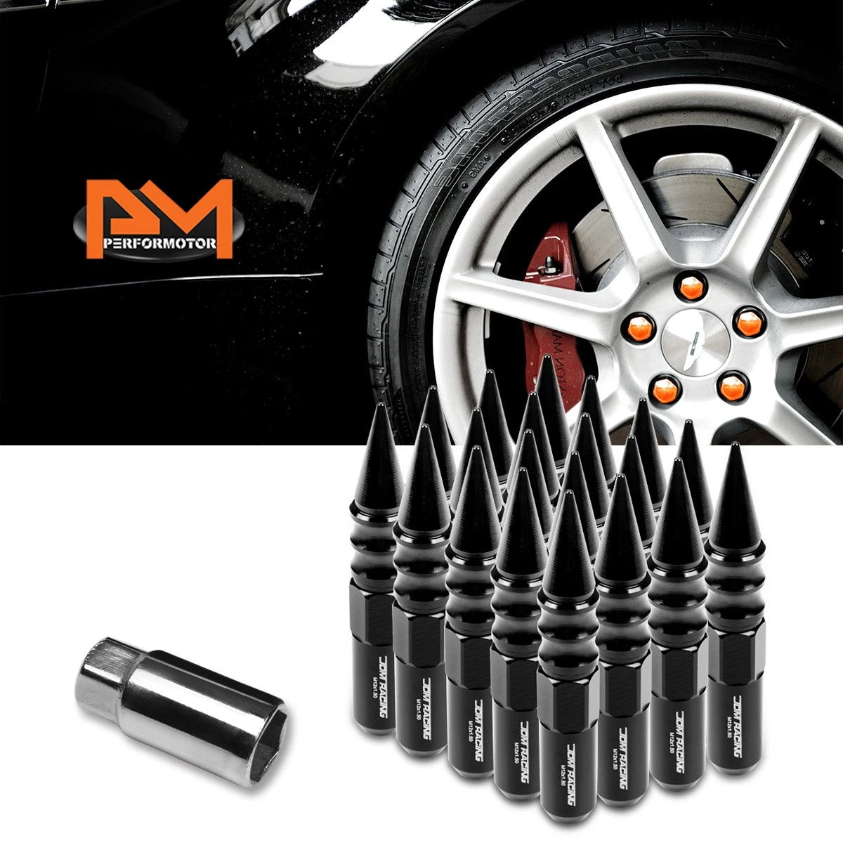 Set of 20 M12X1.5 Black JDM Spiked Cap Hex Wheel Lug Nuts + Extension 20mm