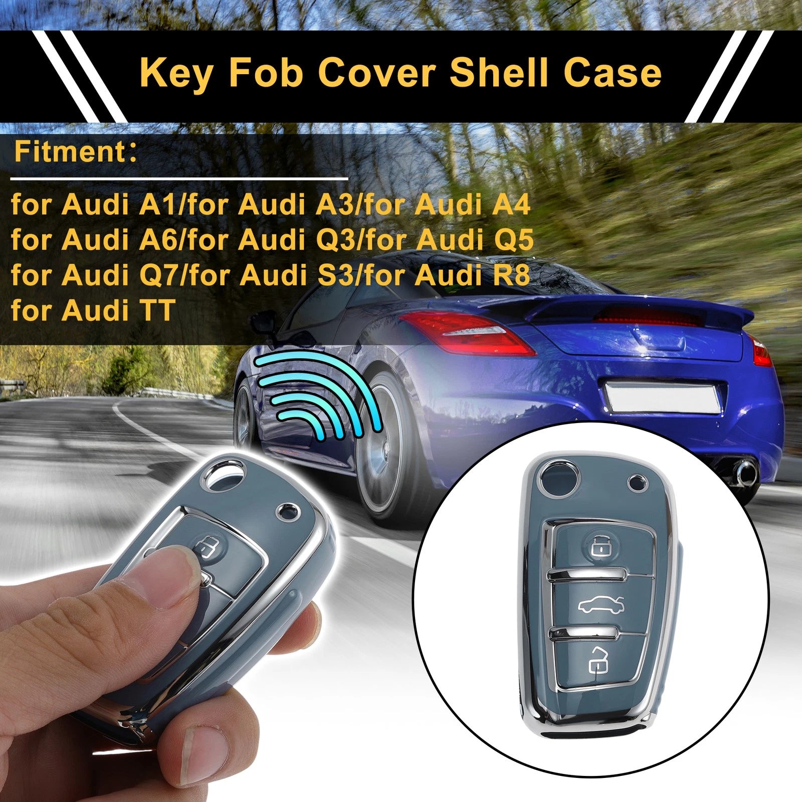 TPU Car Key Case for Audi A1 (2010–2023) - Slate Blue Silver Tone Edge