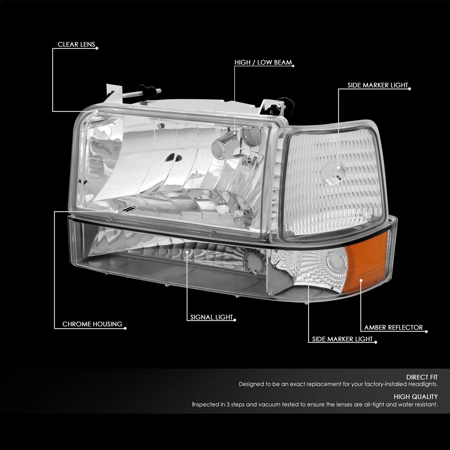 Chrome Bumper Headlights + Amber Corner Lamp for Ford F150/F250/F350 (1992–1996)