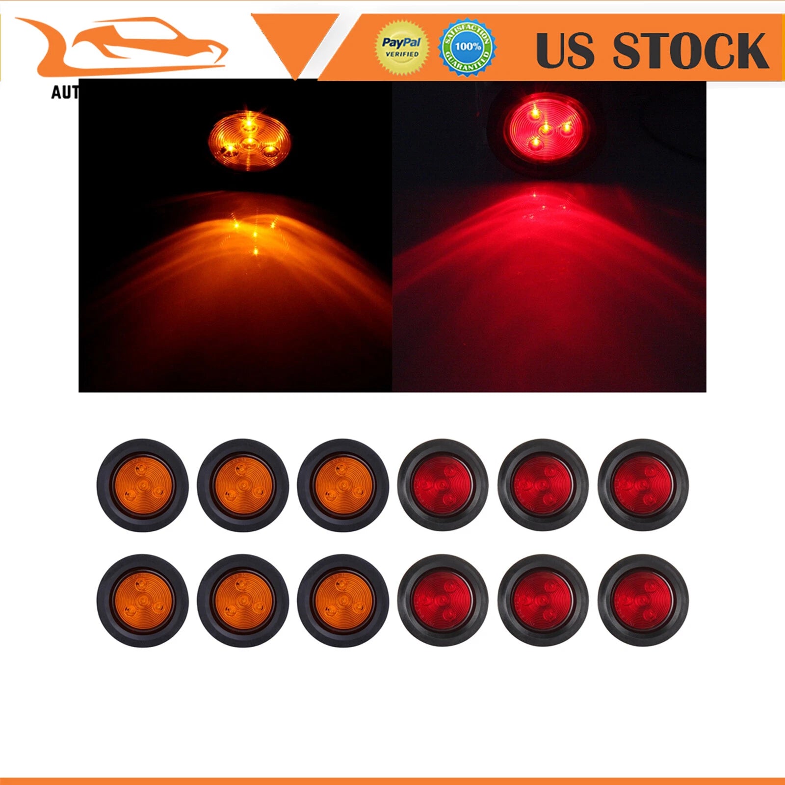 Set of 12 Red Amber 4 LED 2.5 Inch Round Side Marker Lights for Truck Trailer