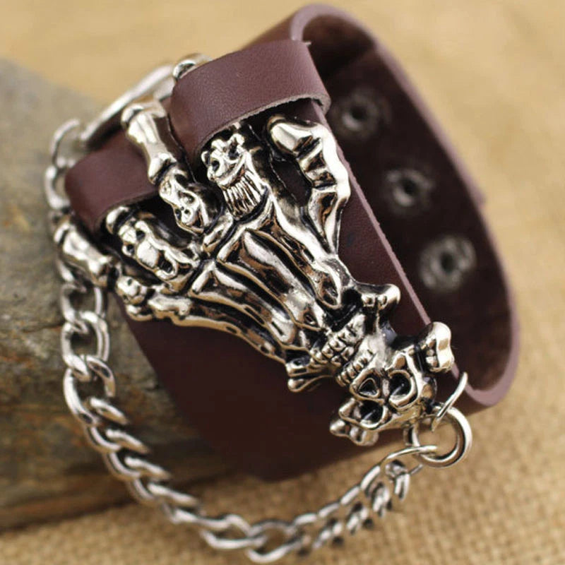Gothic Skull Hand Link Chain PU Leather Cuff Bracelet Wristband