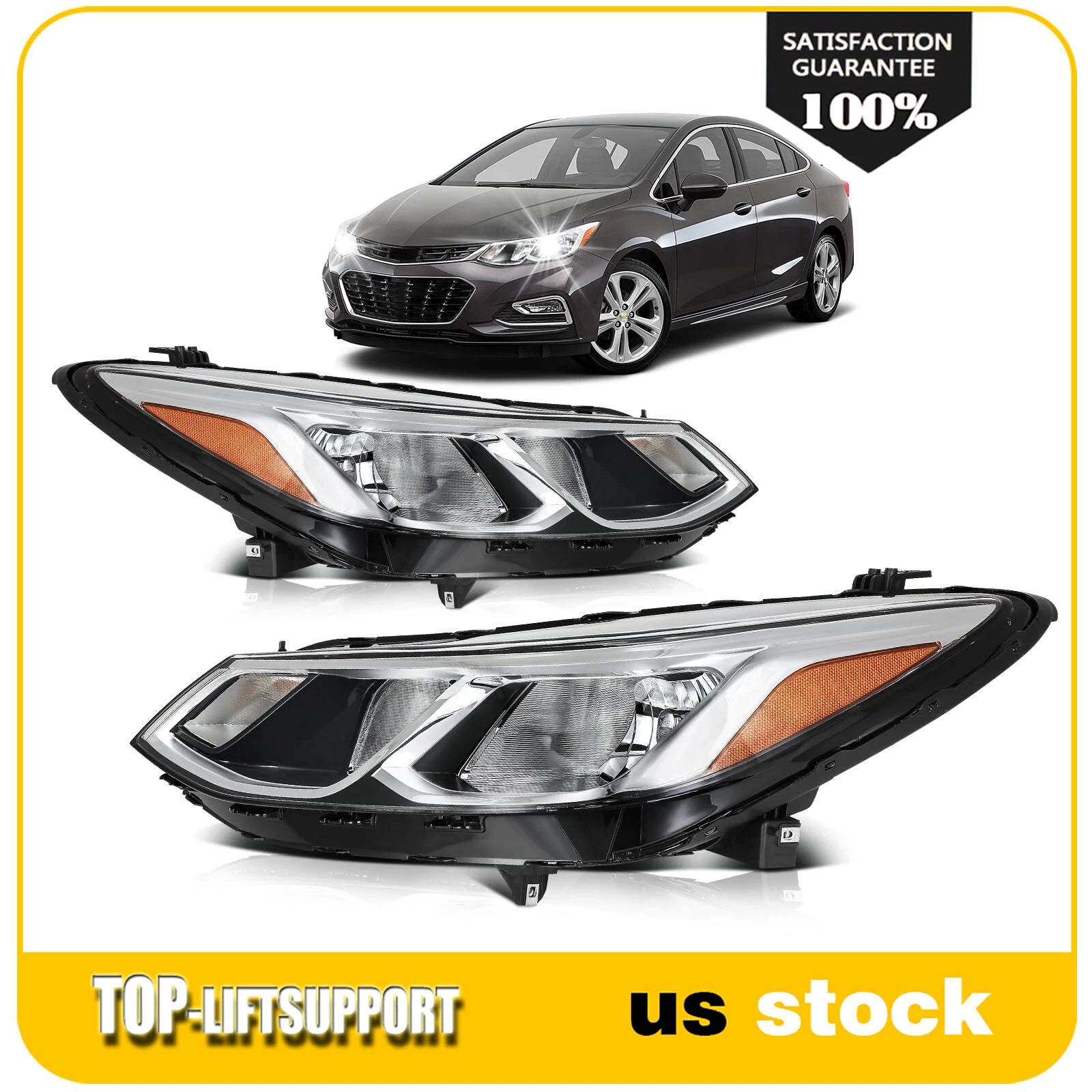 2X Headlight Assembly for Chevrolet Cruze (2016–2019) Chrome Housing