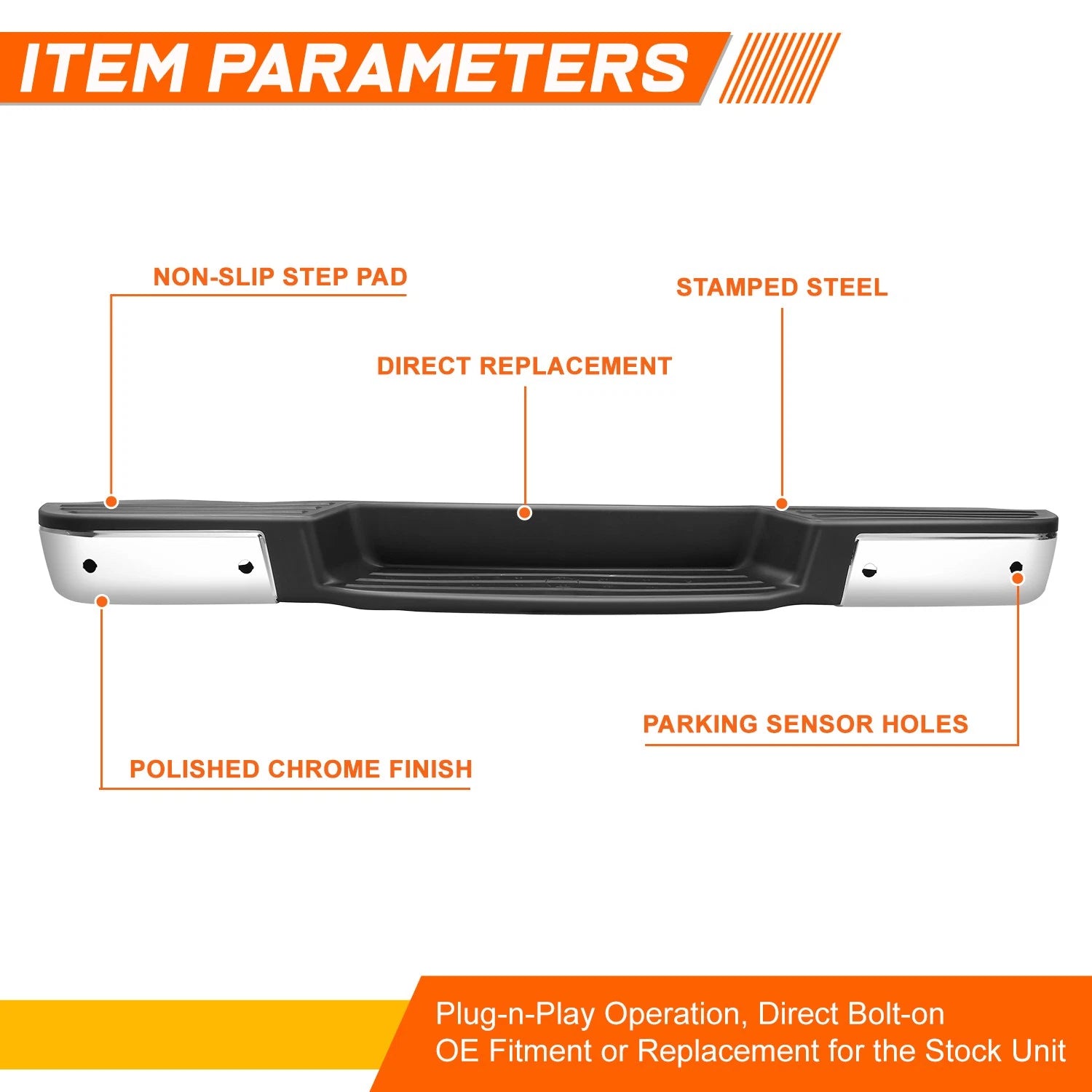 Rear Bumper Assembly for Nissan NV1500-NV3500 (2012–2021) w/Park Sensor Holes Chrome