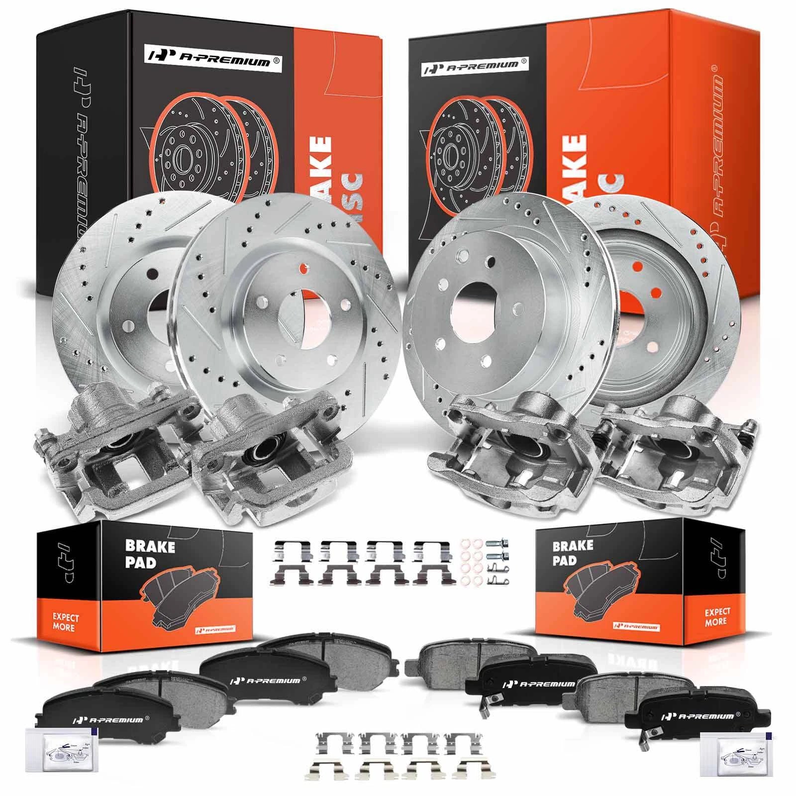 Set of 16 Drilled Brake Rotors & Pads with Calipers for Nissan Rogue