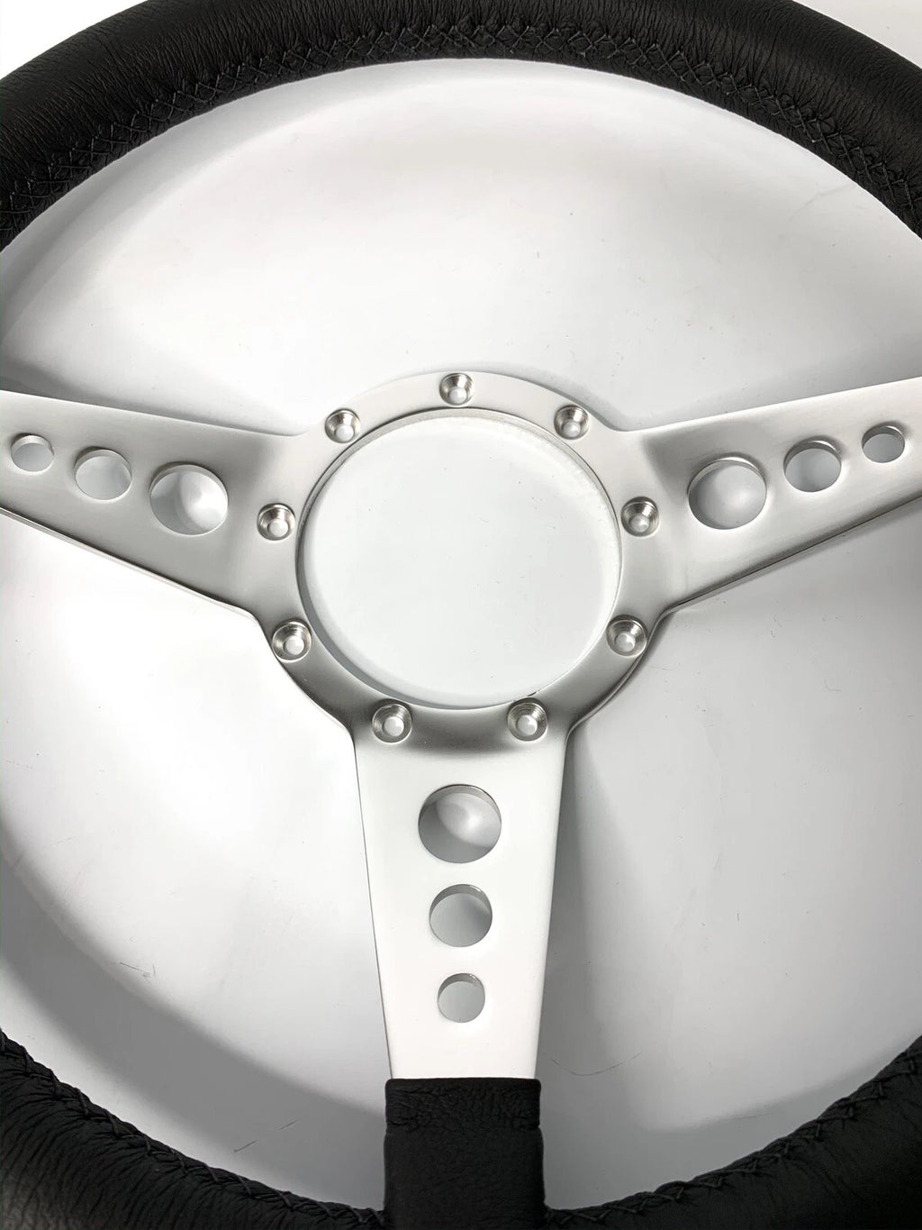 Polished 14 Inch Drilled 3 Spoke Steering Wheel with Leather Grip for 9 Hole