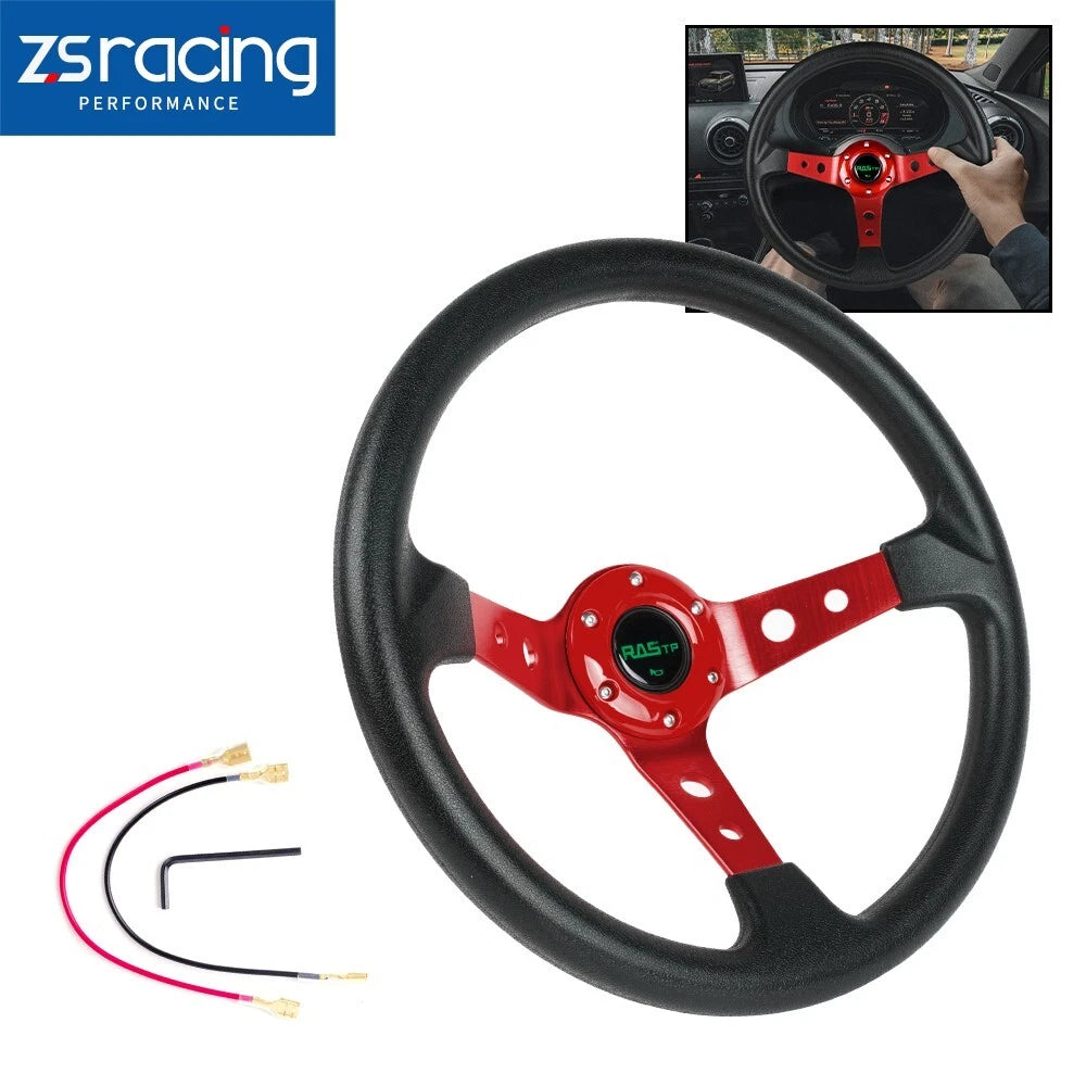 14" Deep Dish Racing Steering Wheel for Universal Fit (Aluminum, Red)