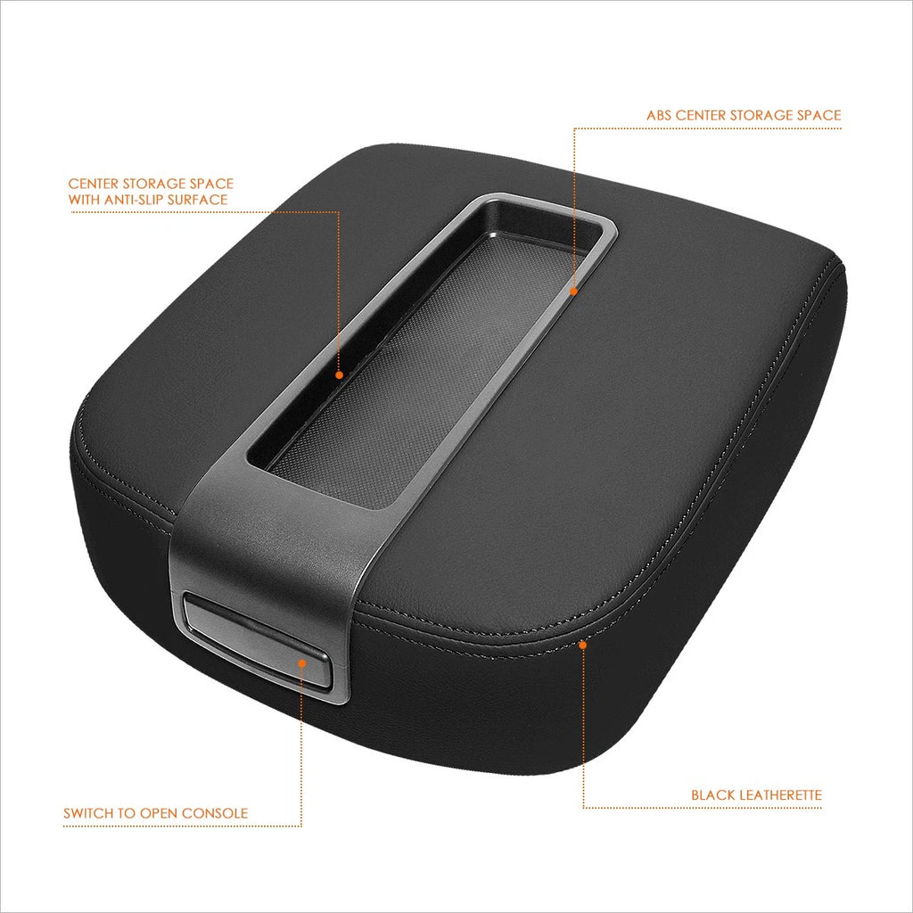 Black Leather Front Center Console Lid Armrest Cover for Silverado/Sierra (2007–2014)