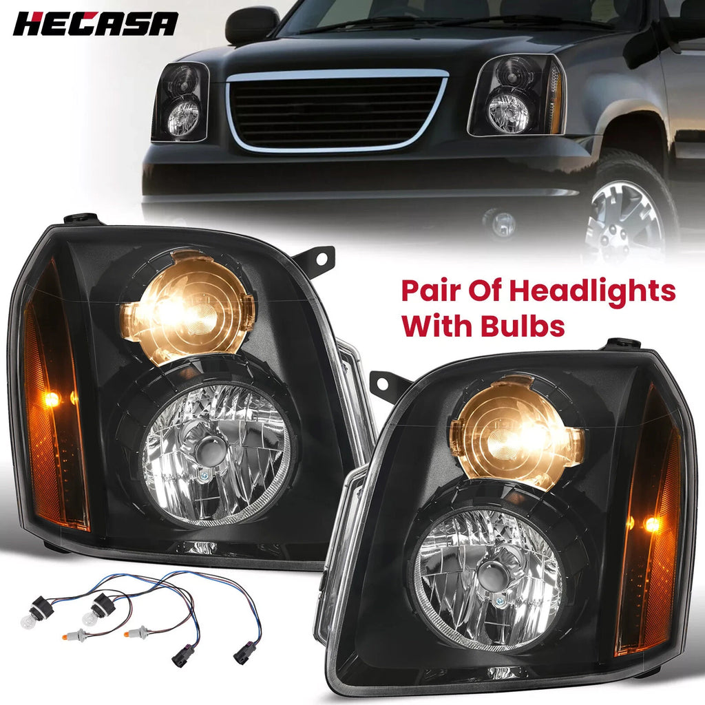 Headlight Assembly Set of 2 for GMC Yukon XL 1500 Denali (2007–2014) Black Housing