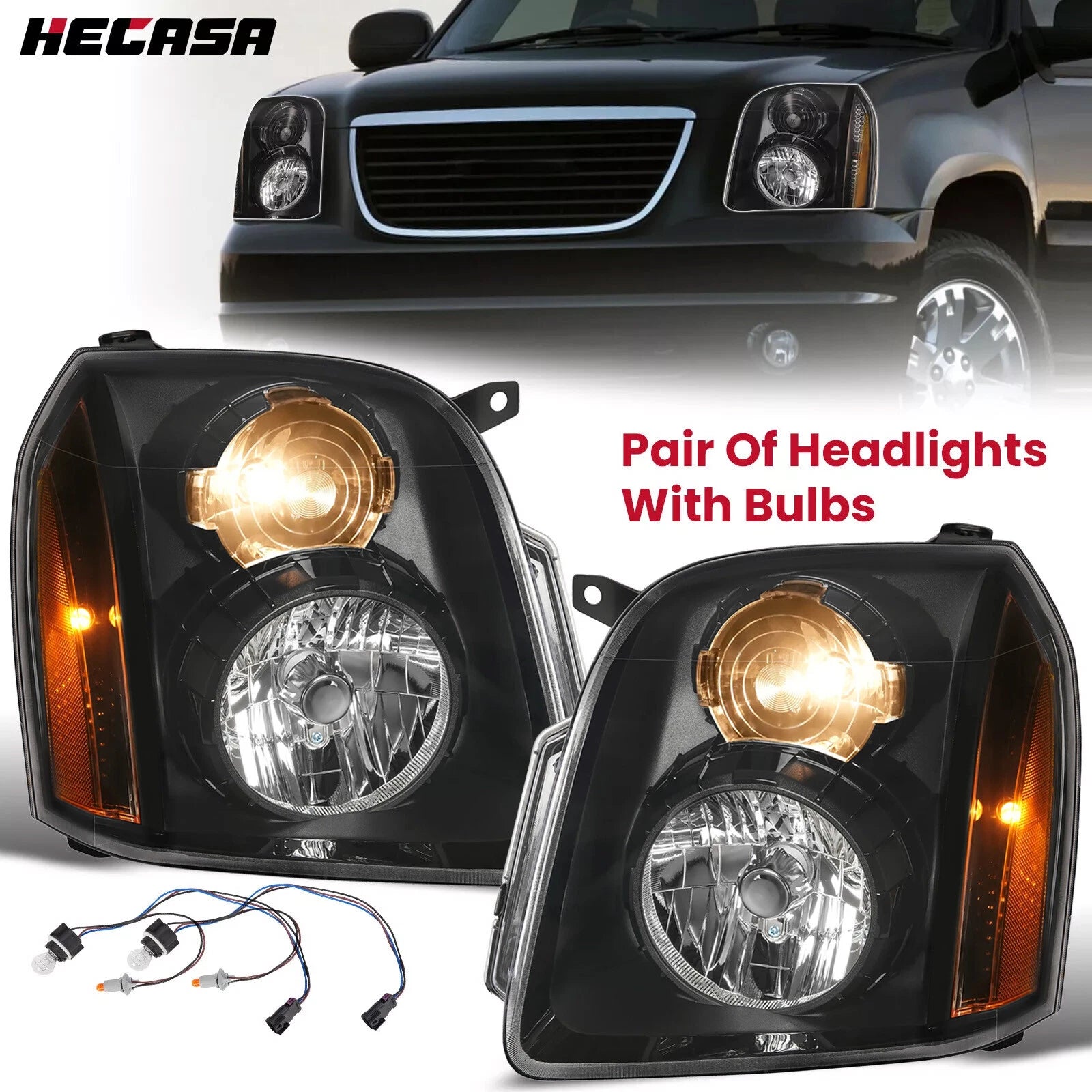 Headlight Assembly Set of 2 for GMC Yukon XL 1500 Denali (2007–2014) Black Housing