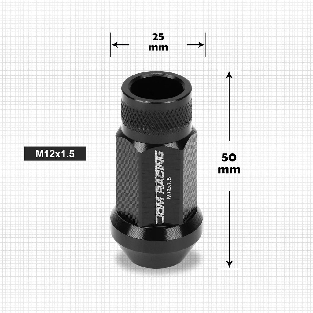 Set of 20 M12X1.5 Black JDM Open End Cone Seat Wheel Lug Nuts + 25mm Extension