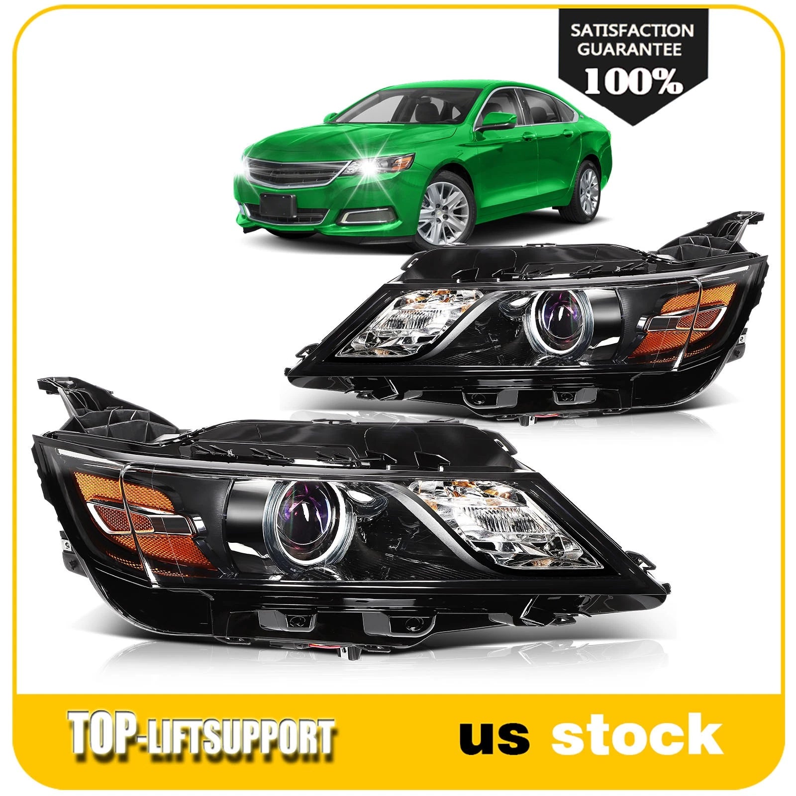 Set of 2 Black Headlight Assemblies for Chevrolet Impala (2014–2020)