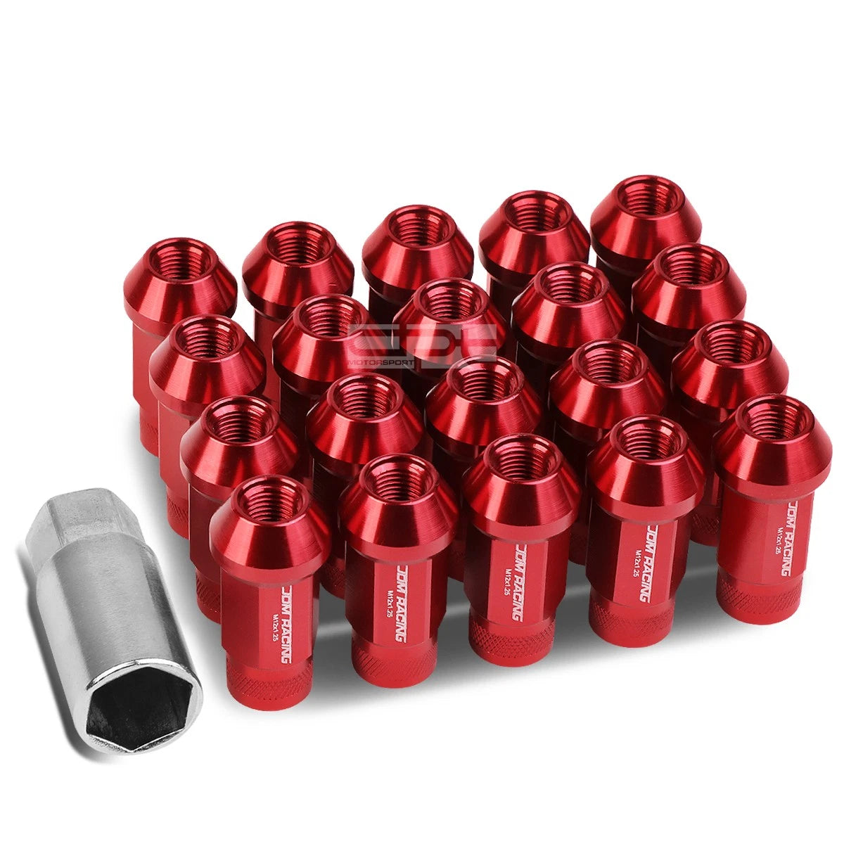 20 PCS Open End M12x1.25 50mm Tall Red Aluminum Lug Nuts + Adapter