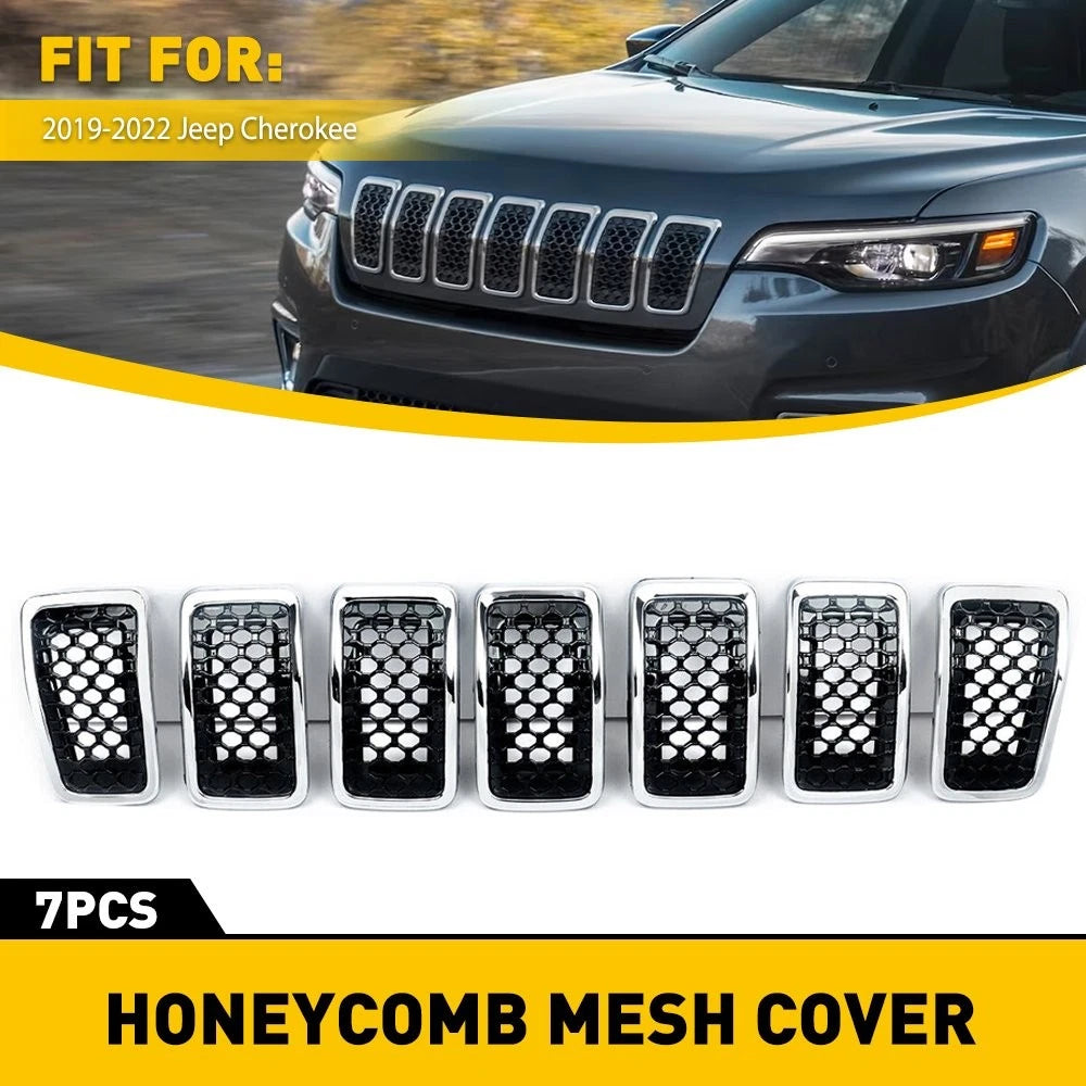 Set of 7X Front Grille Inserts for Jeep Cherokee (2019–2022) Chrome Honeycomb Mesh