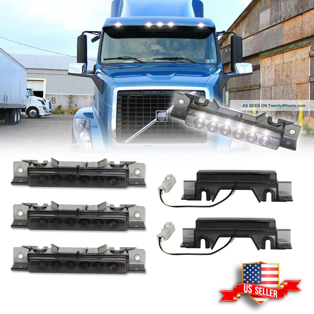 Set of 5 Smoked Lens White LED Cab Roof Marker Lights for Volvo VN/VNL (2003–Present)