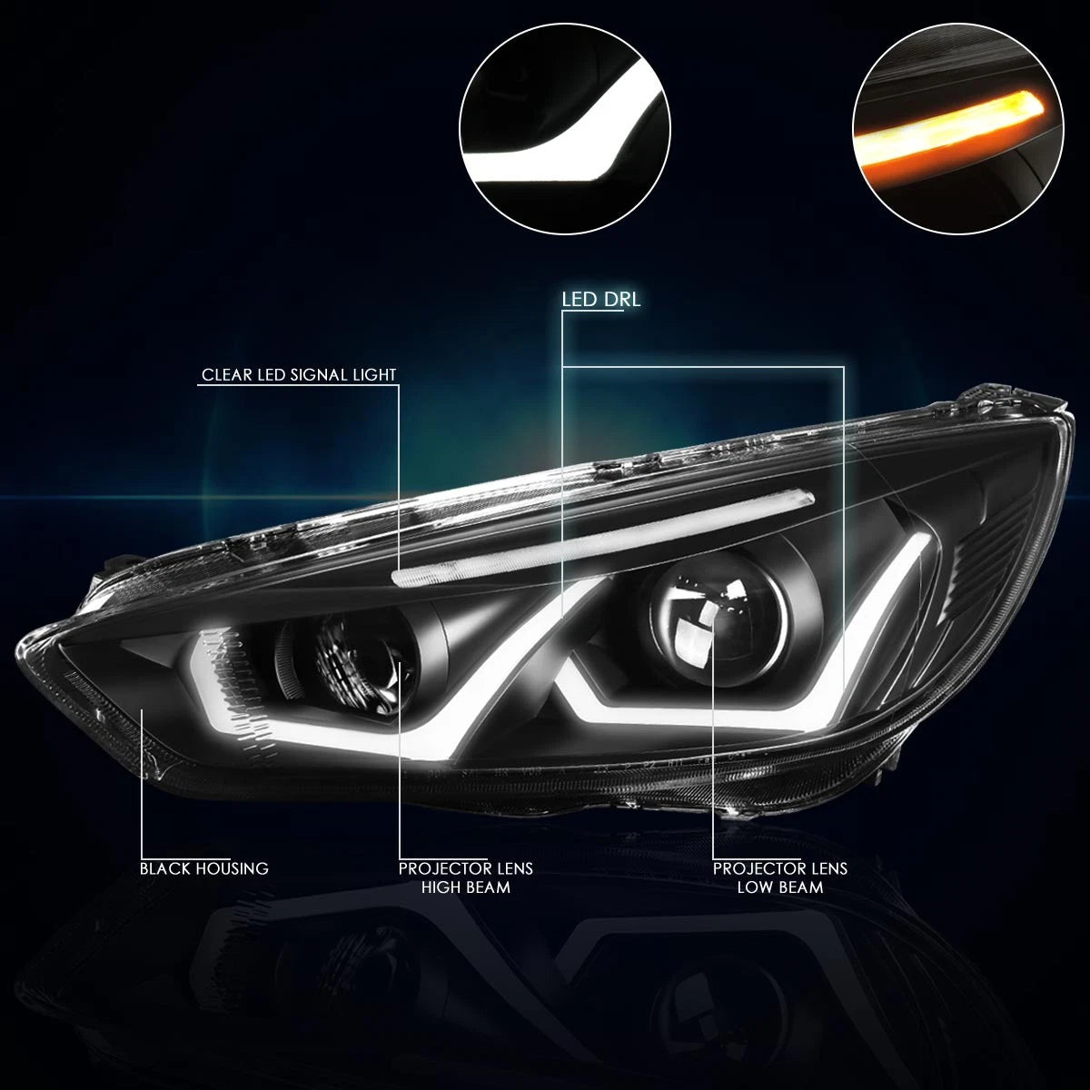 Dual LED DRL Projector Headlight for Ford Focus (2015–2018)