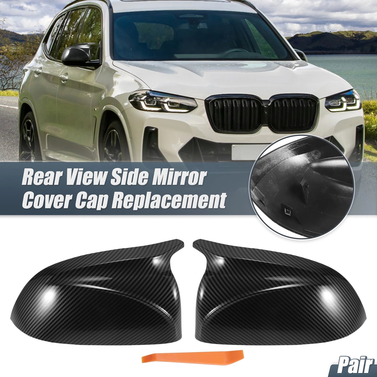 Pair Rearview Mirror Cover Caps for BMW X3 X4 X5 X6 (2011–2023) Black Carbon Fiber